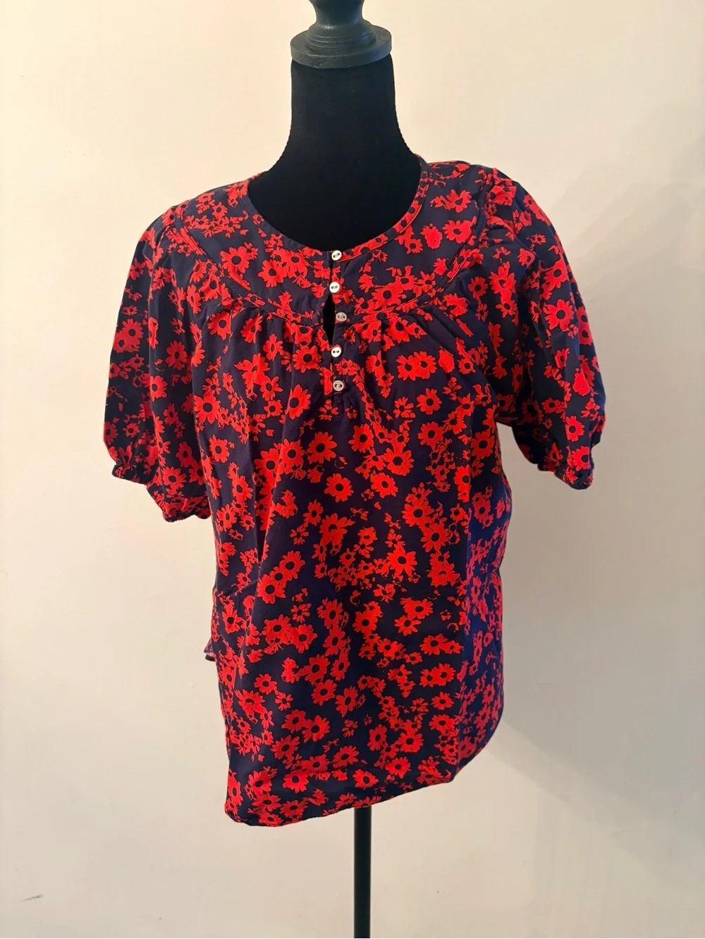LOFT Navy Blouse with Red Floral Print